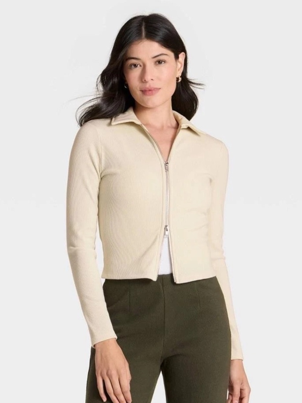 NWT Women’s A New Day Cream Ribbed Polo Zip Up Jacket S, Casual Double Zip
